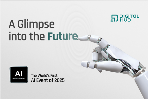 A robotic hand pointing with the text "A Glimpse into the Future"and The World’s First AI Event of 2025.